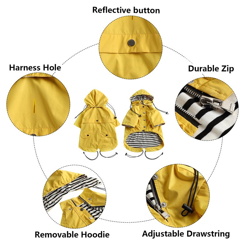 Morezi Dog Zip Up Raincoat with Reflective Buttons, Rain/Water Resistant, Adjustable Drawstring, Removable Hood, Raincoats with Legs 8lbs to 80lbs Available - Yellow - XS - Image 3